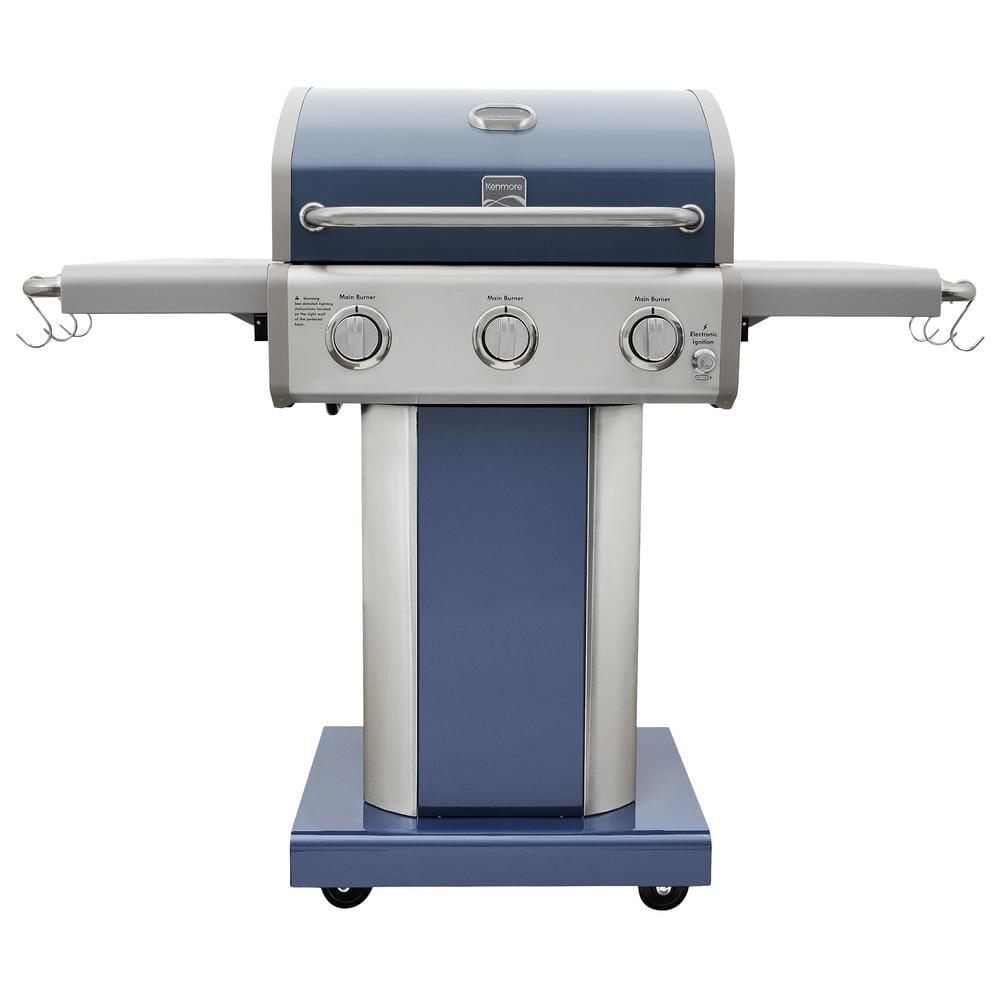 Kenmore 3-Burner Propane Gas Grill with Foldable Side Tables for Outdoor BBQ