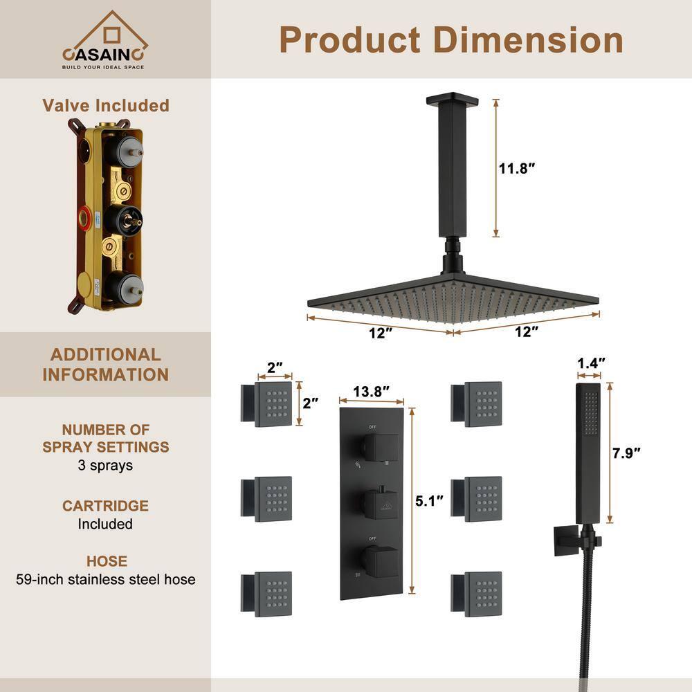 3-Function Luxury Ceiling Mount 12 Inch LED Thermostatic Shower System with 6 Body Jets