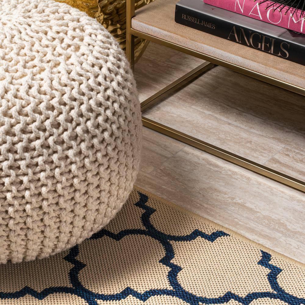 Arabesque Ogee Trellis Beige/Navy 2 ft. x 8 ft. Indoor/Outdoor Runner Rug