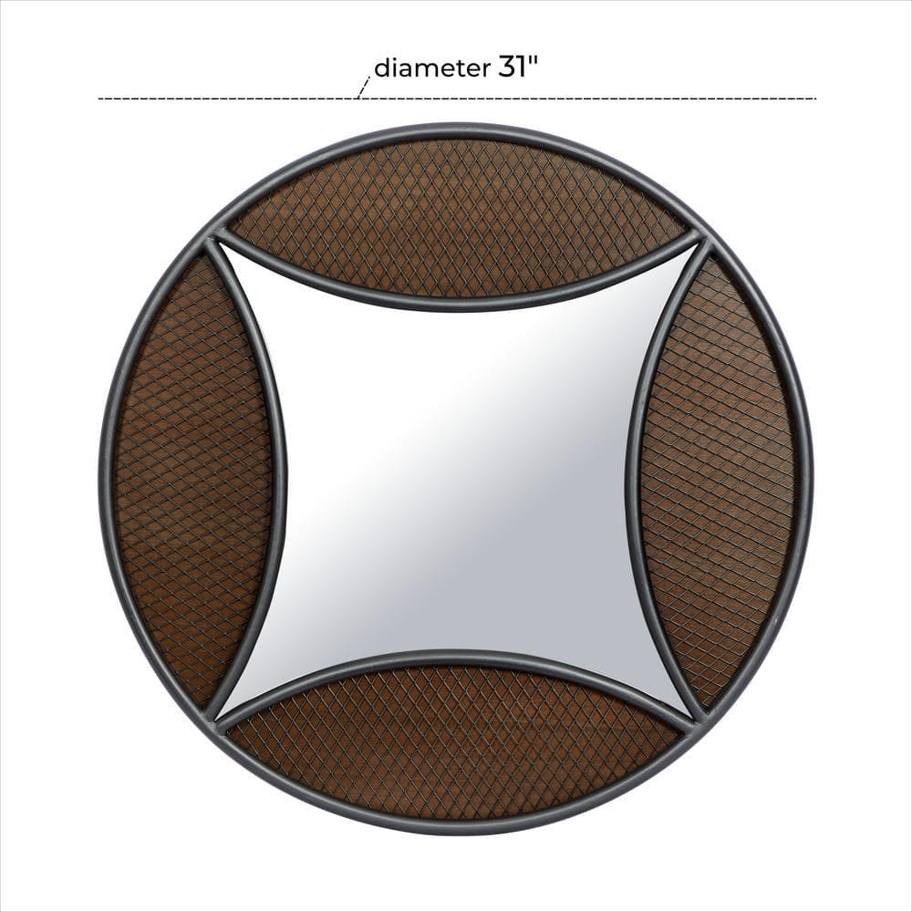 DecMode 32"W, 32"H Round Wall Mirror, Brown