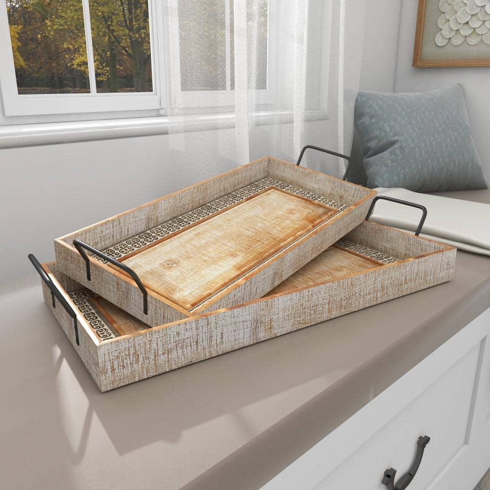 Olivia & May Set of 2 Rectangular Wood Tray with Inlay and Metal Handles Black : Bohemian Carved, Indoor Use Decor
