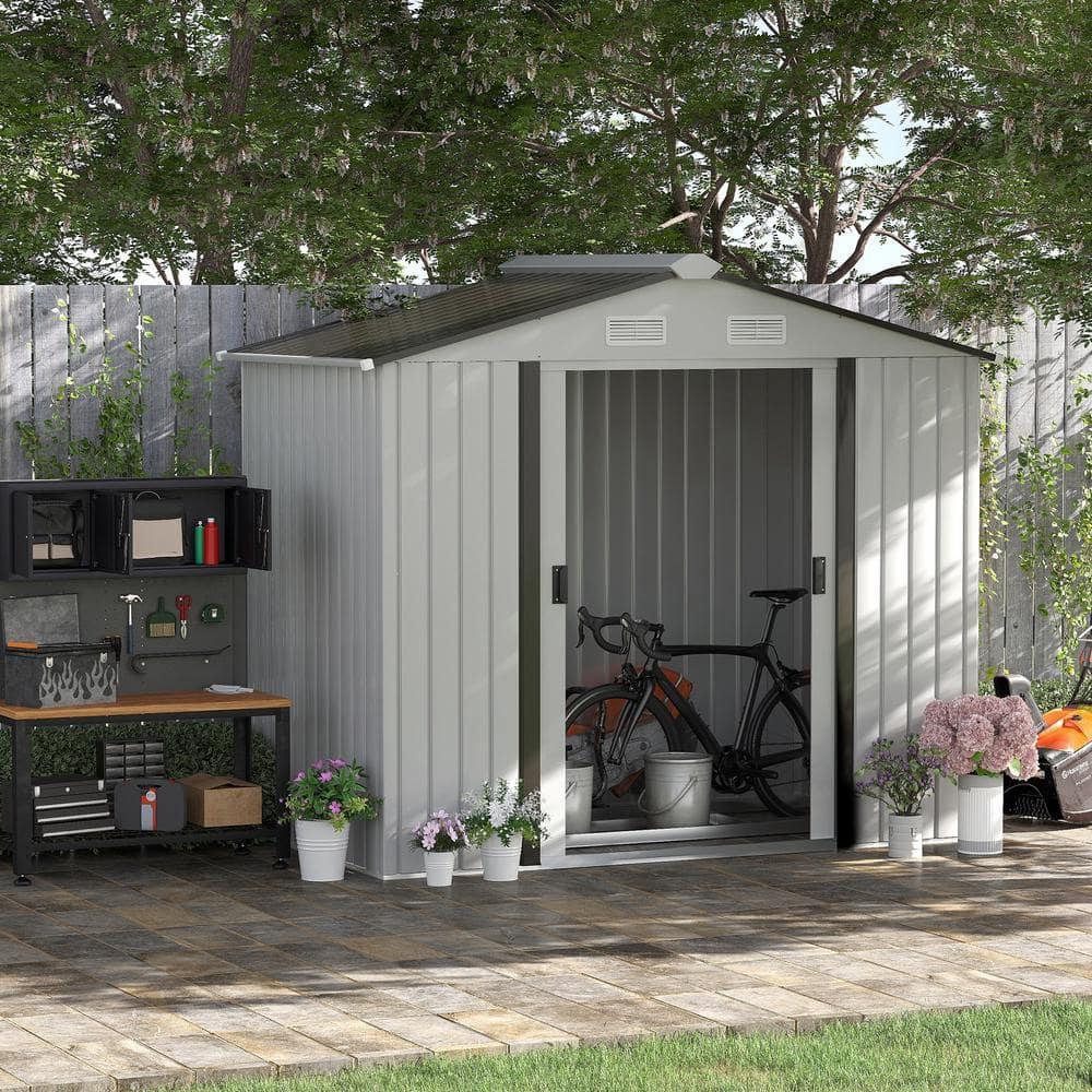 Outsunny 7' x 4' Metal Storage Shed Organizer, Garden Tool House with 4 Vents and 2 Sliding Doors for Backyard, Patio, Garage, Lawn, White