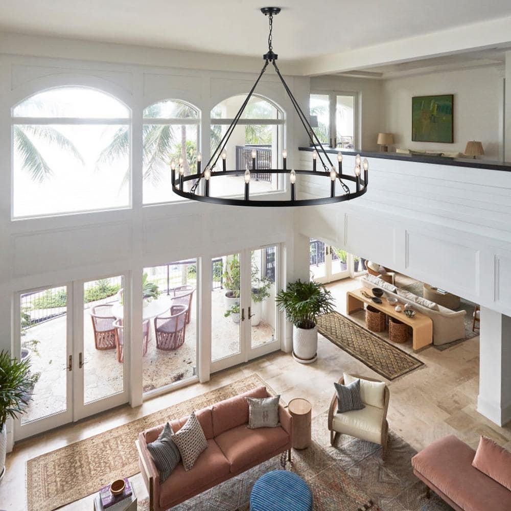 16-Lights Wagon Wheel Chandelier 47 Inch Black Farmhouse Chandelier Large Chandeliers for High Ceilings Round Modern Farmhouse Chandeliers Ceiling Light for Living Room Dining Room Foyer Entryway