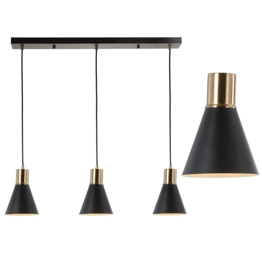 Apollo 33.5" 3-Light Mid-Century Modern Iron Adjustable Linear LED Pendant, Black/Brass Gold