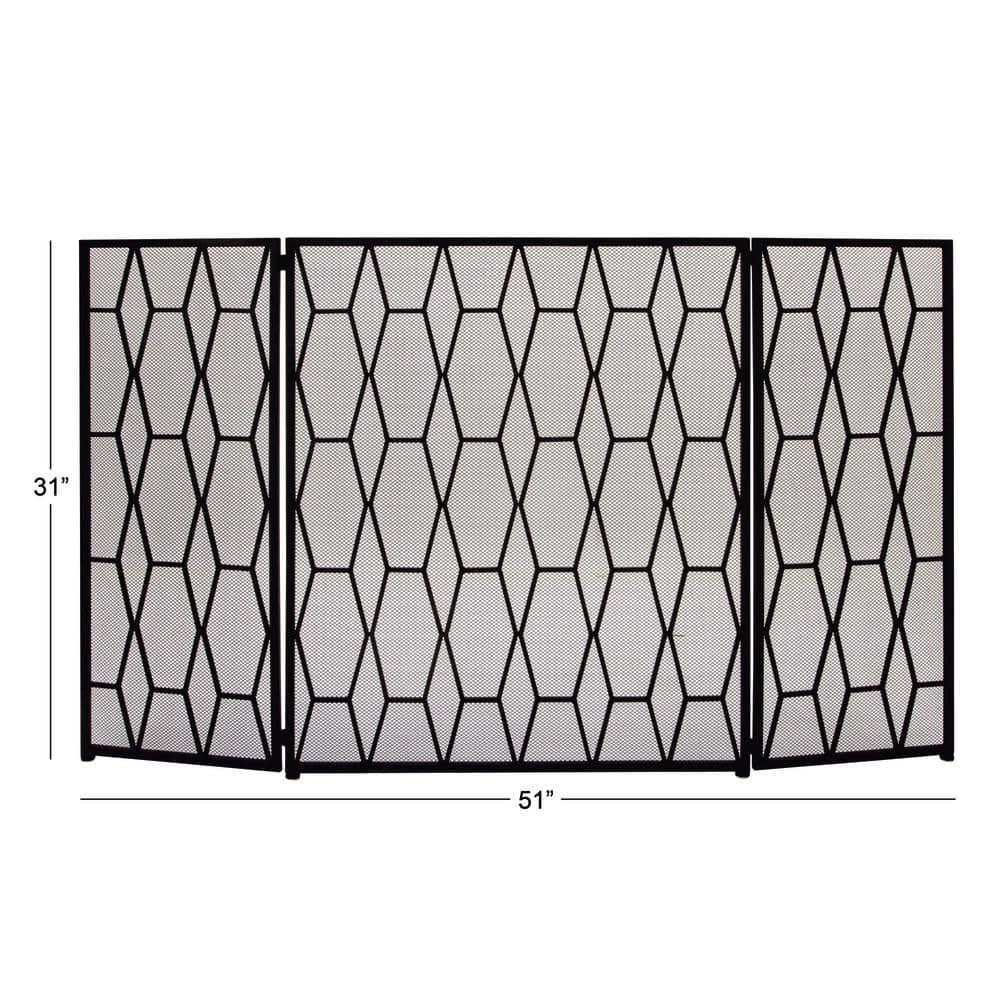 DecMode 51" x 31" Black Metal Foldable 3 Panel Geometric Fireplace Screen with Mesh Netting, 1-Piece
