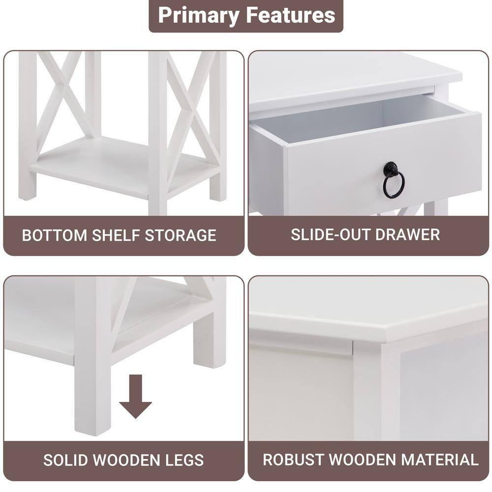 12 in. White Rectangle Wood End Table with Drawer and Shelf Solid Narrow Side Table For Bedrooms Ideal For Small Spaces