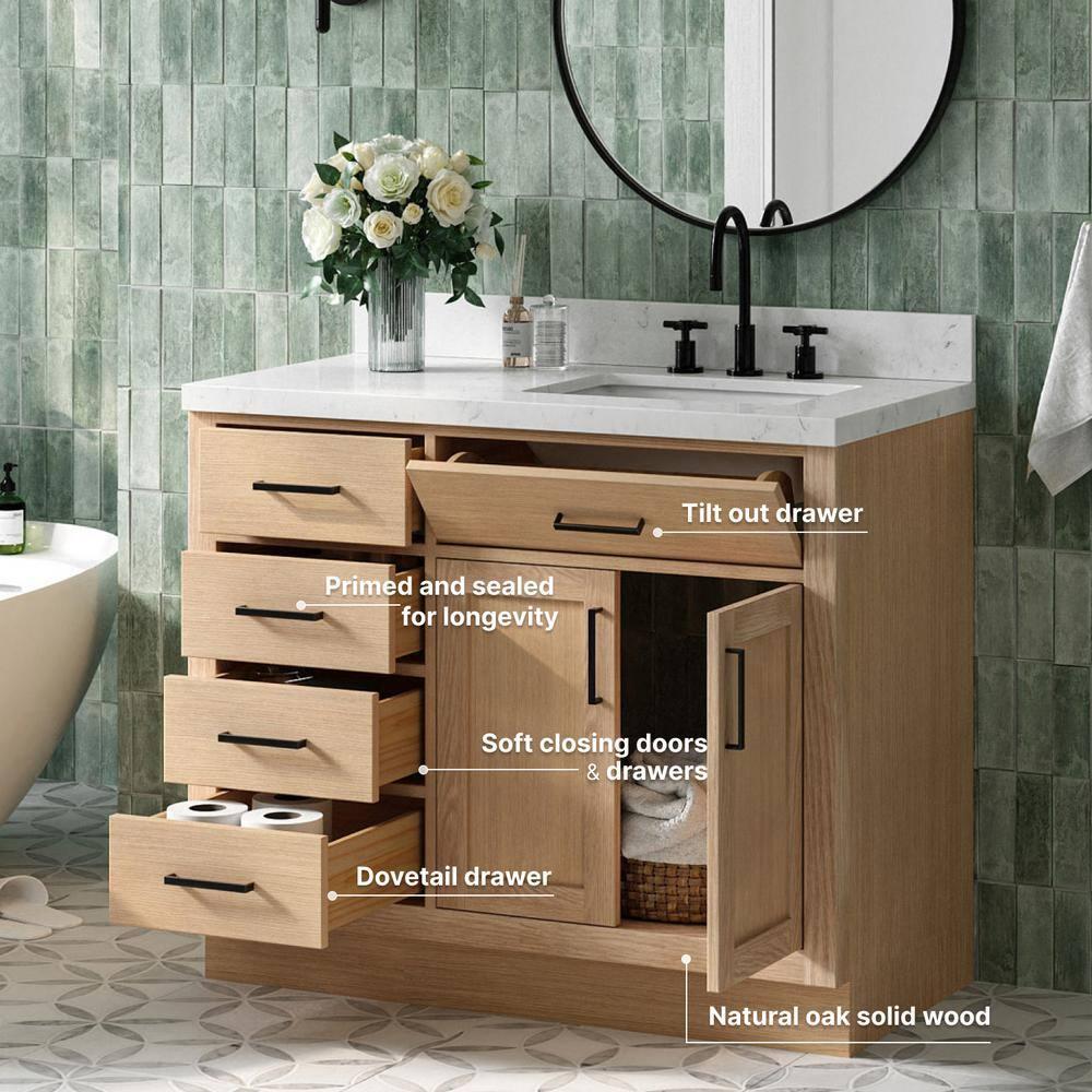 Wildon Home® Tidworth 42'' Solid Wood Single Bathroom Vanity with 1.5'' Carrara Quartz Top, Right Offset Rectangular Sink