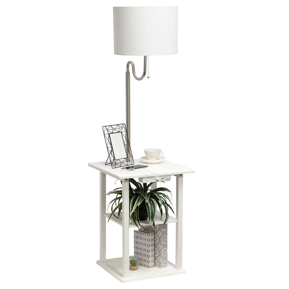 57 in. Modern 2 Tier End Table & White Drum Fabric Shade Floor Lamp with 2 x USB Charging Ports & Power Outlet, White