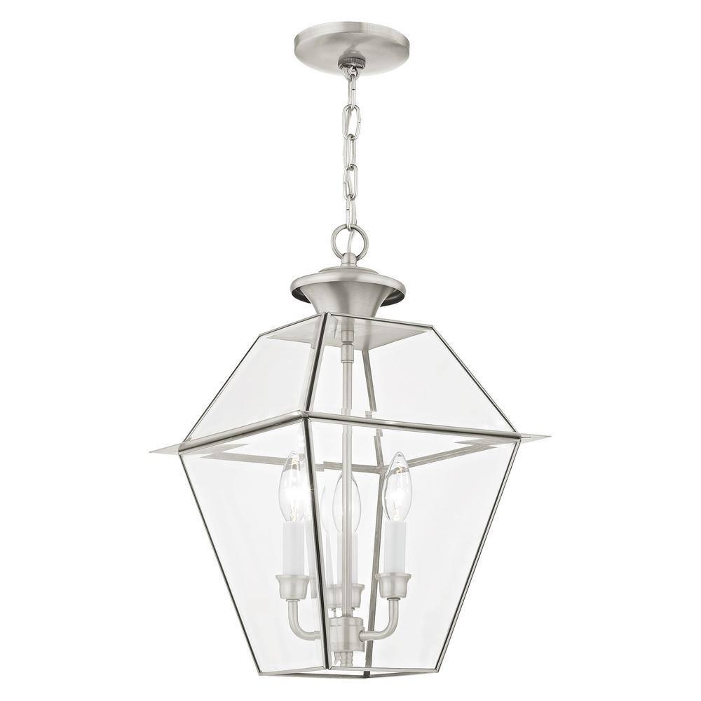 3 Light Outdoor Pendant Lantern in Farmhouse Style 12 inches Wide By 18.5 inches High-Brushed Nickel Finish Bailey Street Home 218-Bel-2255871