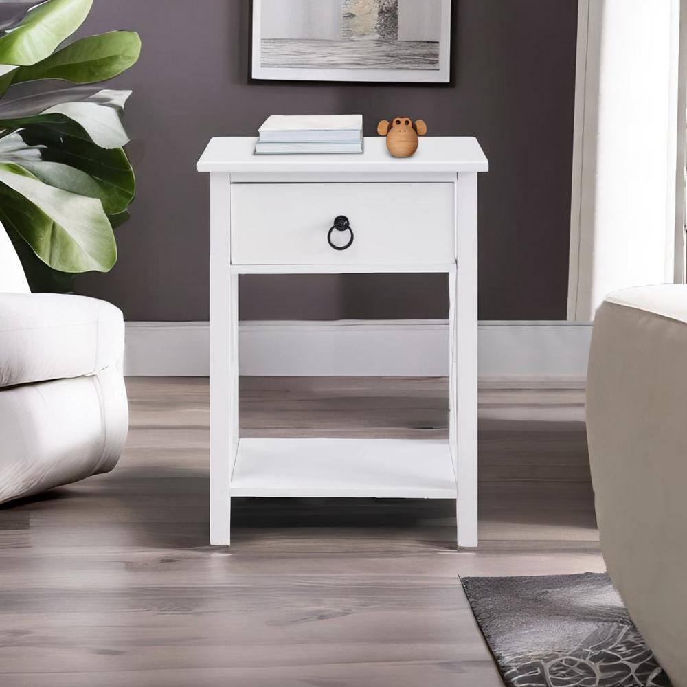 12 in. White Rectangle Wood End Table with Drawer and Shelf Solid Narrow Side Table For Bedrooms Ideal For Small Spaces