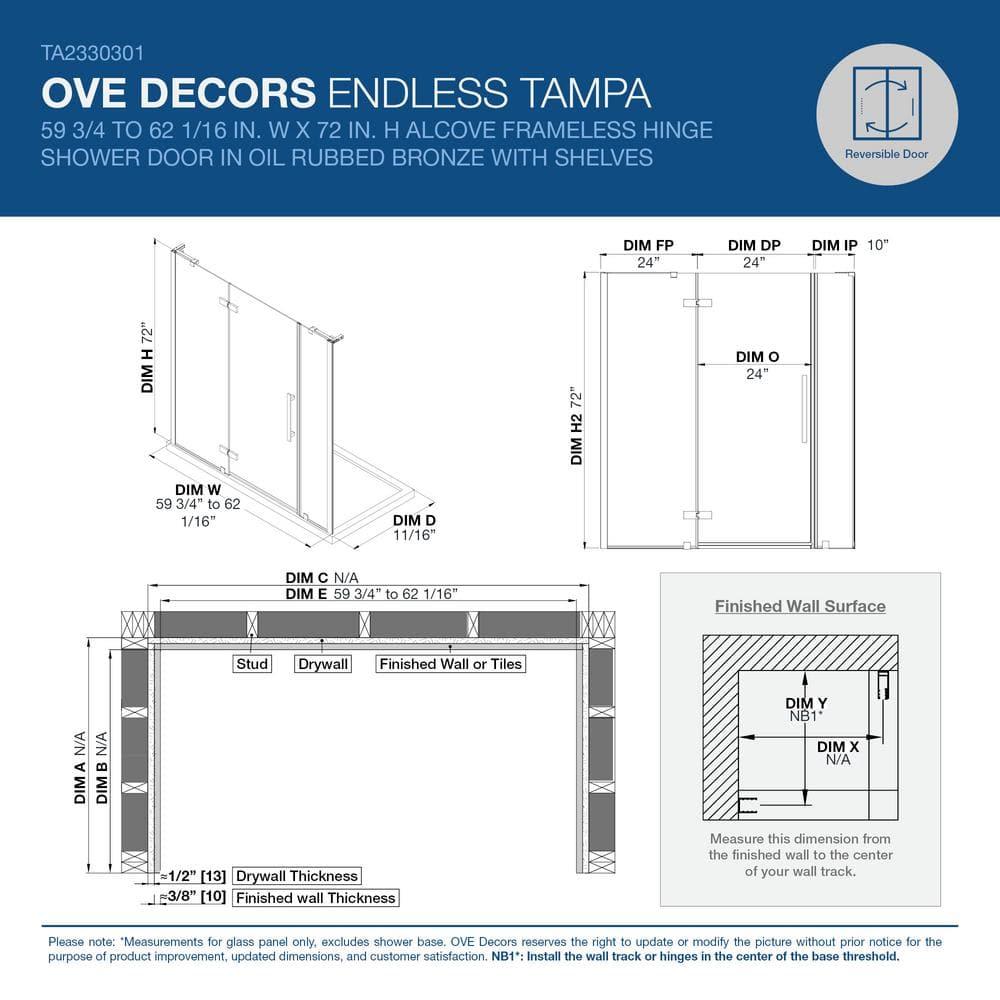 Ove Decors Tampa 62-1/16 in. W x 72 in. H Alcove Frameless Hinge Shower Door in Oil Rubbed Bronze