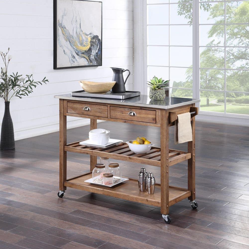 Boraam Sonoma Kitchen Cart with Stainless Steel Top in Barnwood Wire-Brush