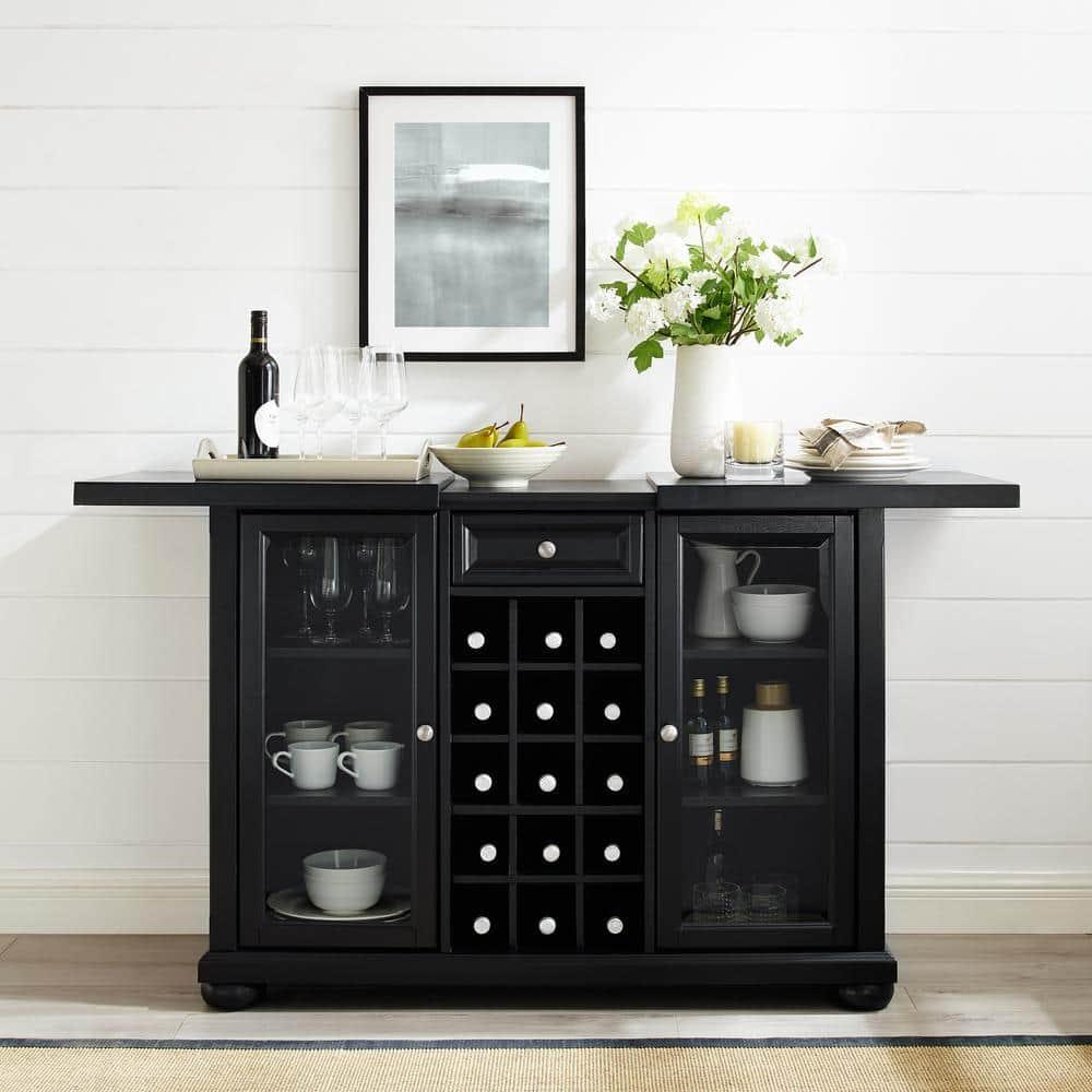 Crosley Alexandria Sliding Top Bar Cabinet Black: Rubberwood Construction, Wine & Glass Storage, Adjustable Shelves