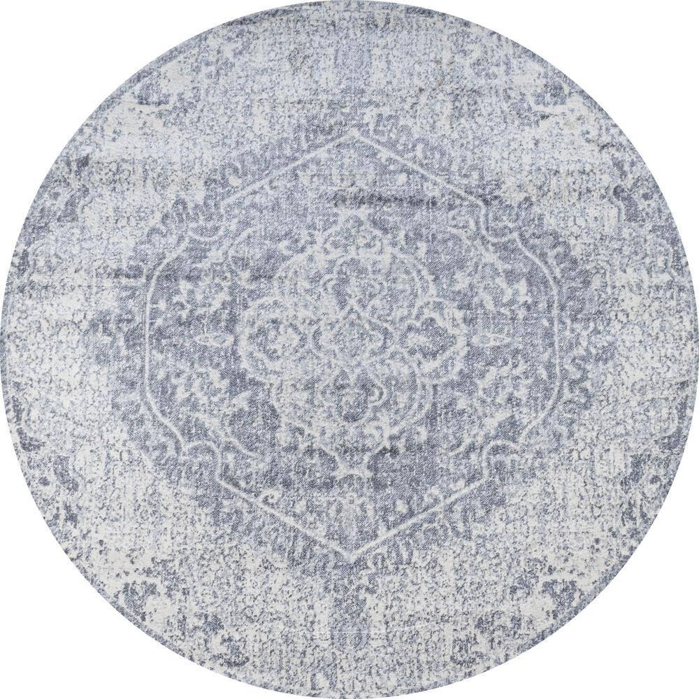 5' Round Modern Persian Vintage Medallion Area Rug, Gray/Ivory - JONATHAN Y