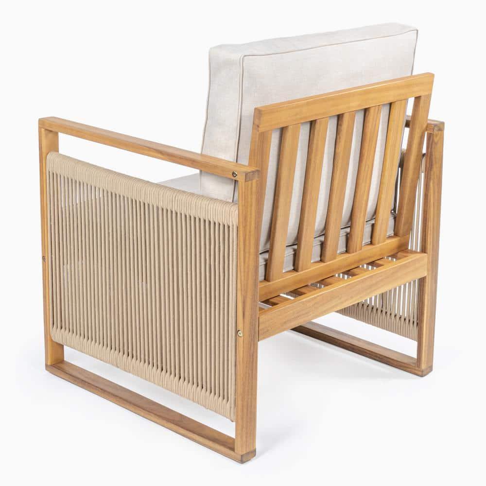 Gable Mid-Century Modern Roped Acacia Wood Outdoor Patio Chair with Cushions, Beige/Light Teak (Set of 2) - JONATHAN Y
