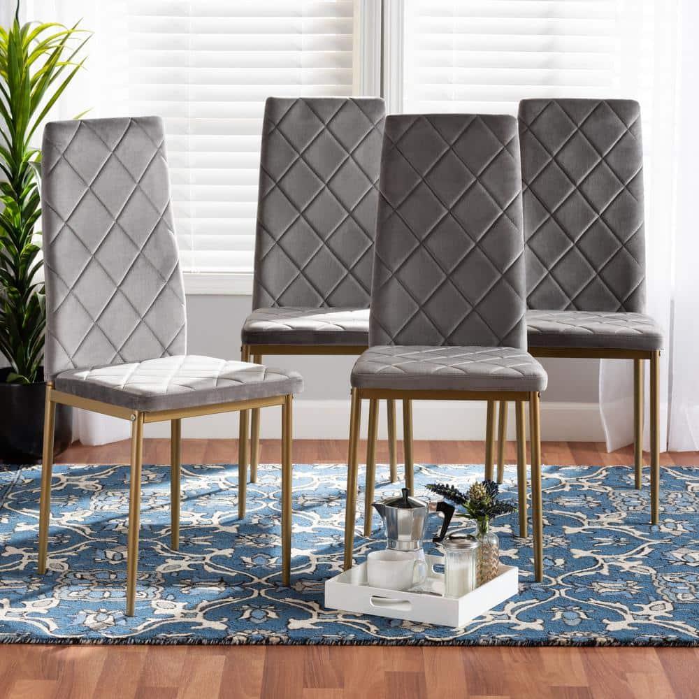 4pc Blaise Velvet Fabric Upholstered and Metal Dining Chair Set Gray/Gold - Baxton Studio