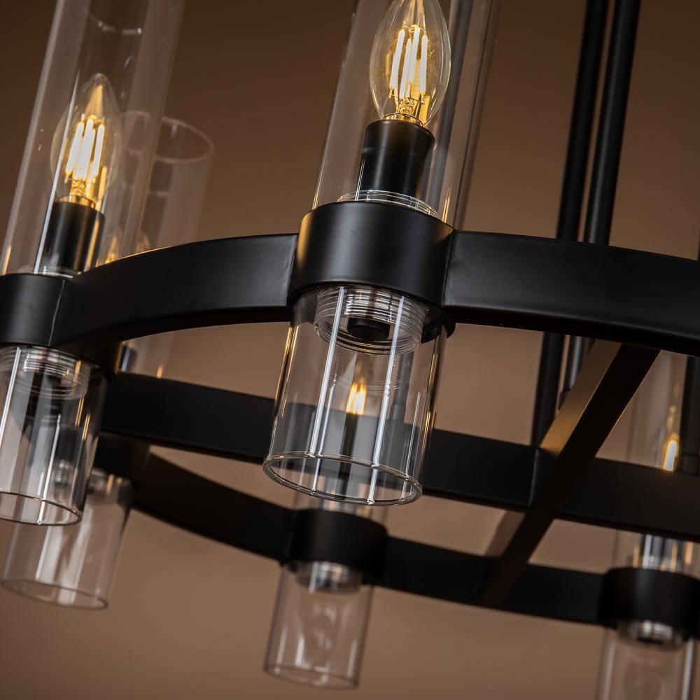 AloaDecor 8-Lights Modern Cylinder 25"  Wagon Wheel Matte Black Chandelier With Glass Accents - W:25.6"
