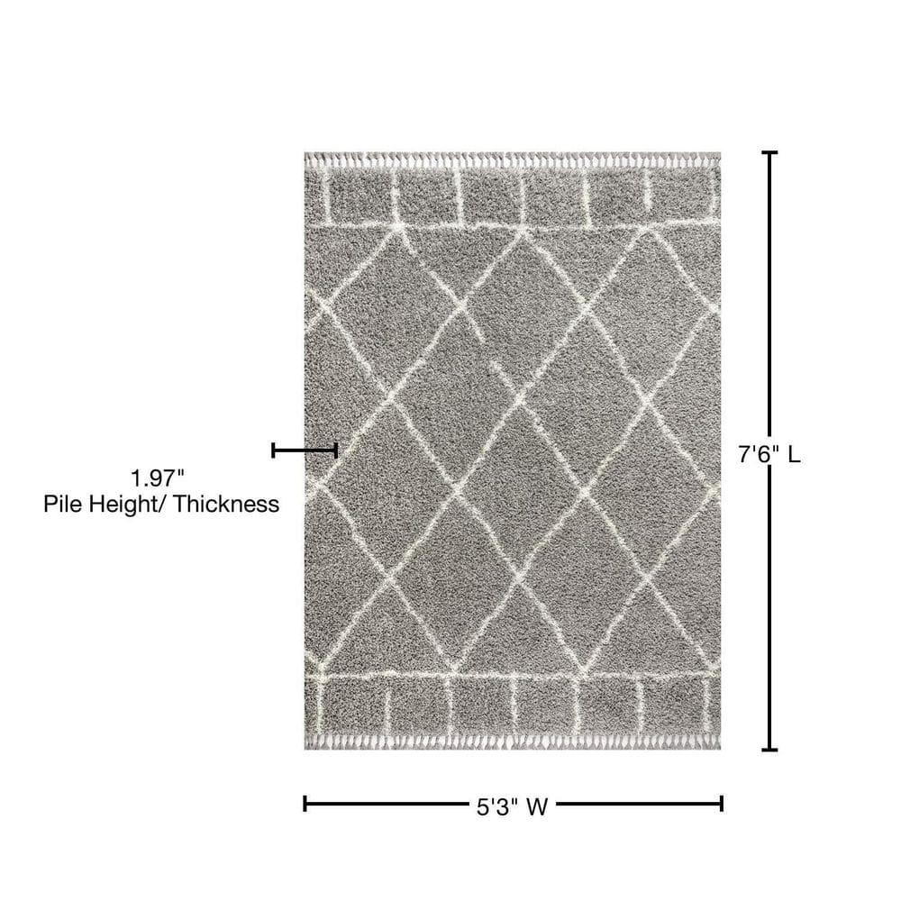 5'x8' Mercer Shag Plush Tassel Moroccan Geometric Trellis Area Rug, Grey/Cream - JONATHAN Y