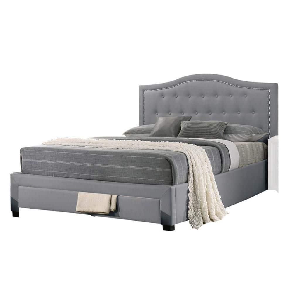 Benjara Sey  Bed W Storage Footboard, Light Gray Burlap Upholstery