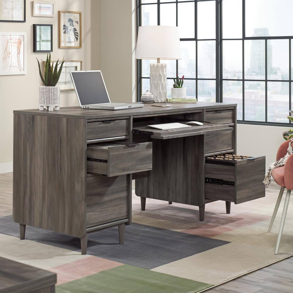 Jet Acacia Executive Desk with Drawer and Keyboard Tray