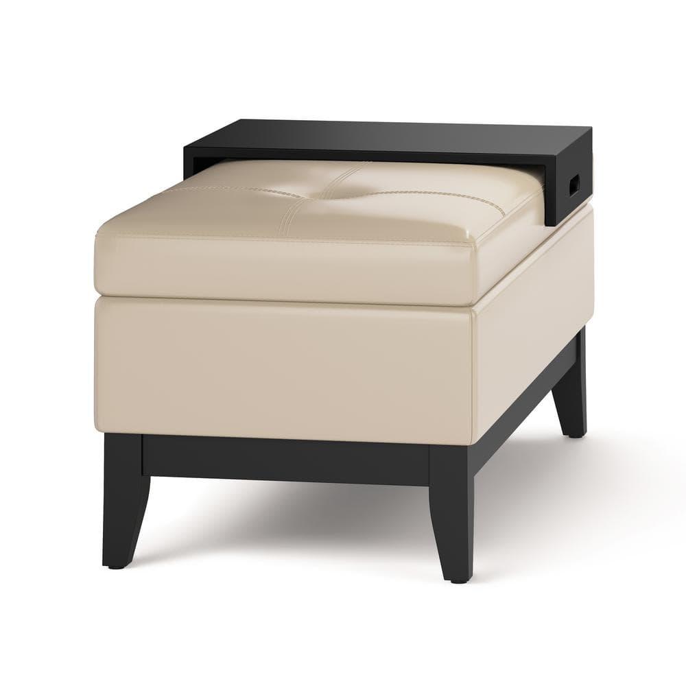 Simpli Home Oregon 42" Wd. Storage Ottoman Bench with Tray in Satin Cream Faux Leather