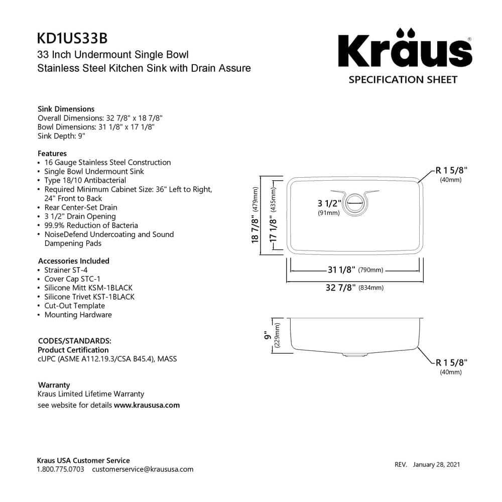 Kraus KD1US33B Dex™️ Series KRAUS 33" L Undermount 16 Gauge Stainless Steel Single Bowl Kitchen Sink