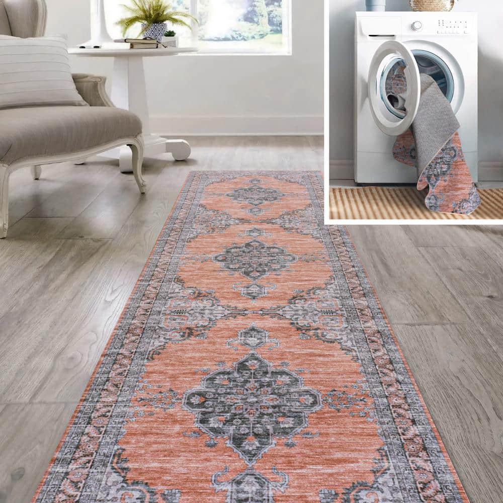JONATHAN Y Wincer Chenille Cottage Medallion Machine-Washable Orange/Gray 2 ft. x 8 ft. Runner Rug