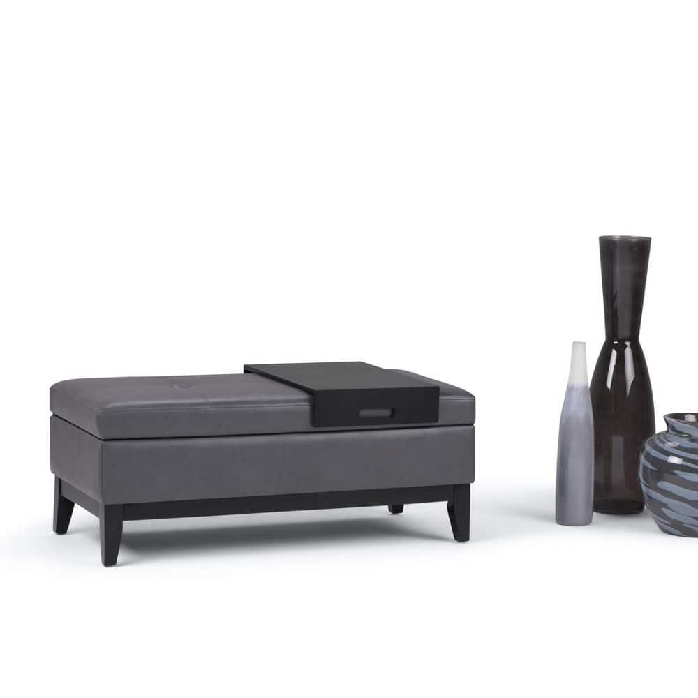 Simpli Home Oregon 42"W Upholstered Storage Ottoman Bench with Lift-Top Lid and Tray