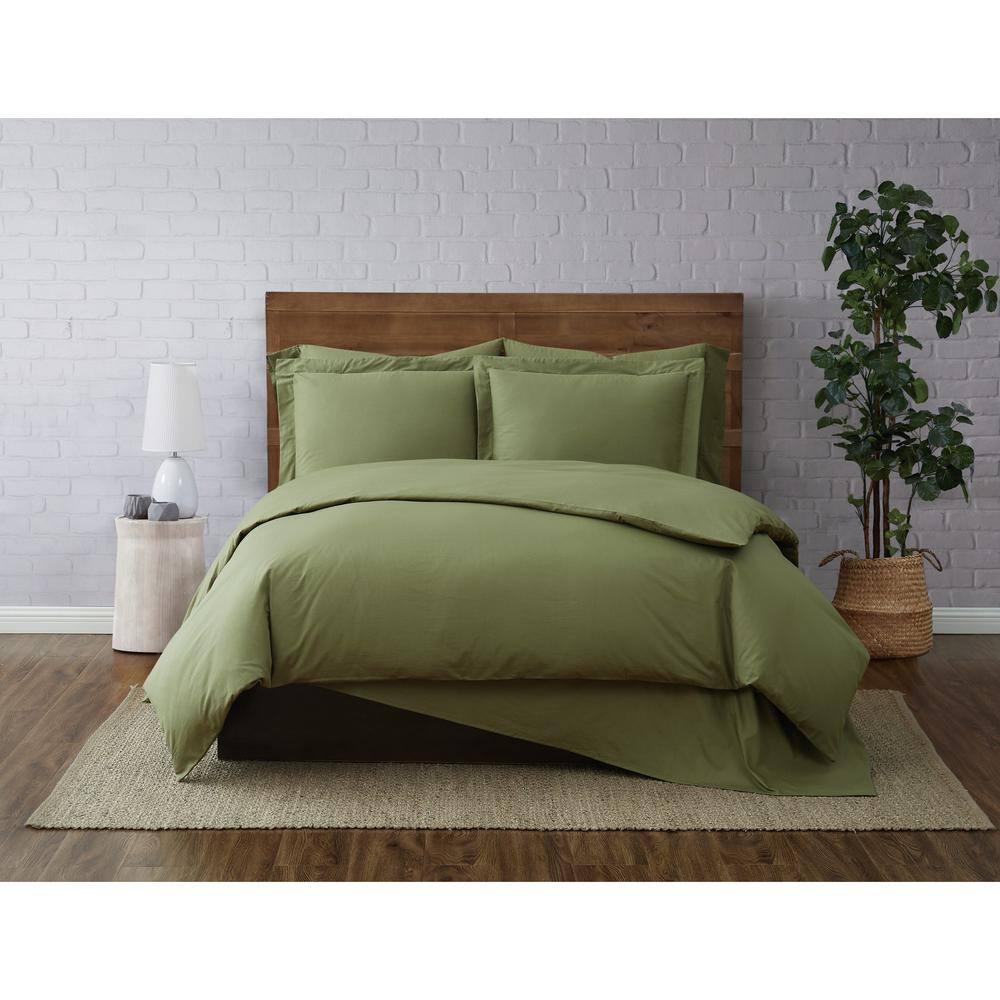 Brooklyn Loom 3pc Full/Queen Solid Cotton Percale Duvet Set Olive Green: 200 Thread Count, Includes 2 Shams