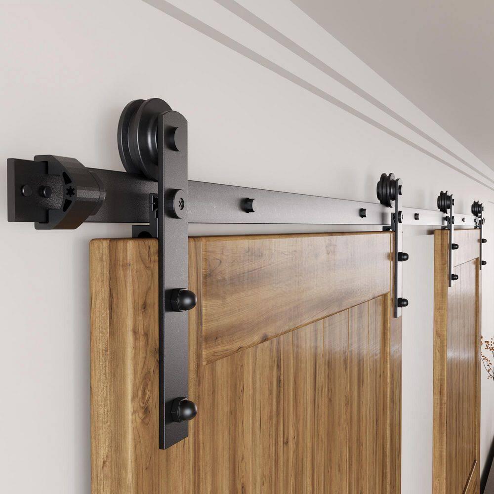 Homacer Black Rustic Sliding Barn Door Hardware Kit, for Two/Double Doors, 4ft Long Flat Track, Straight Design Roller, Heavy Duty, for Interior & Exterior Use