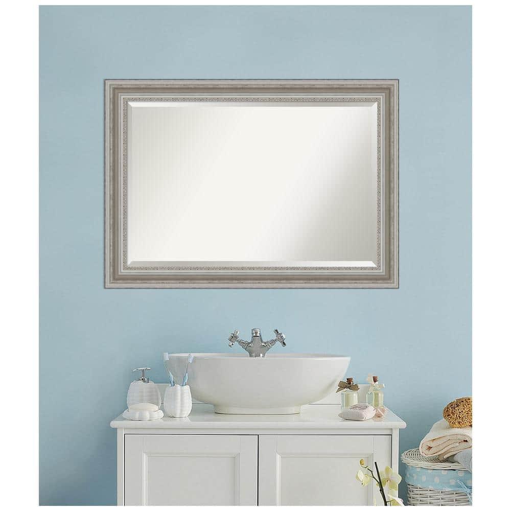 Amanti Art 42" x 30" Parlor Framed Bathroom Vanity Wall Mirror Silver: Modern Style, Beveled Glass, Wood Frame, Wall Mounted