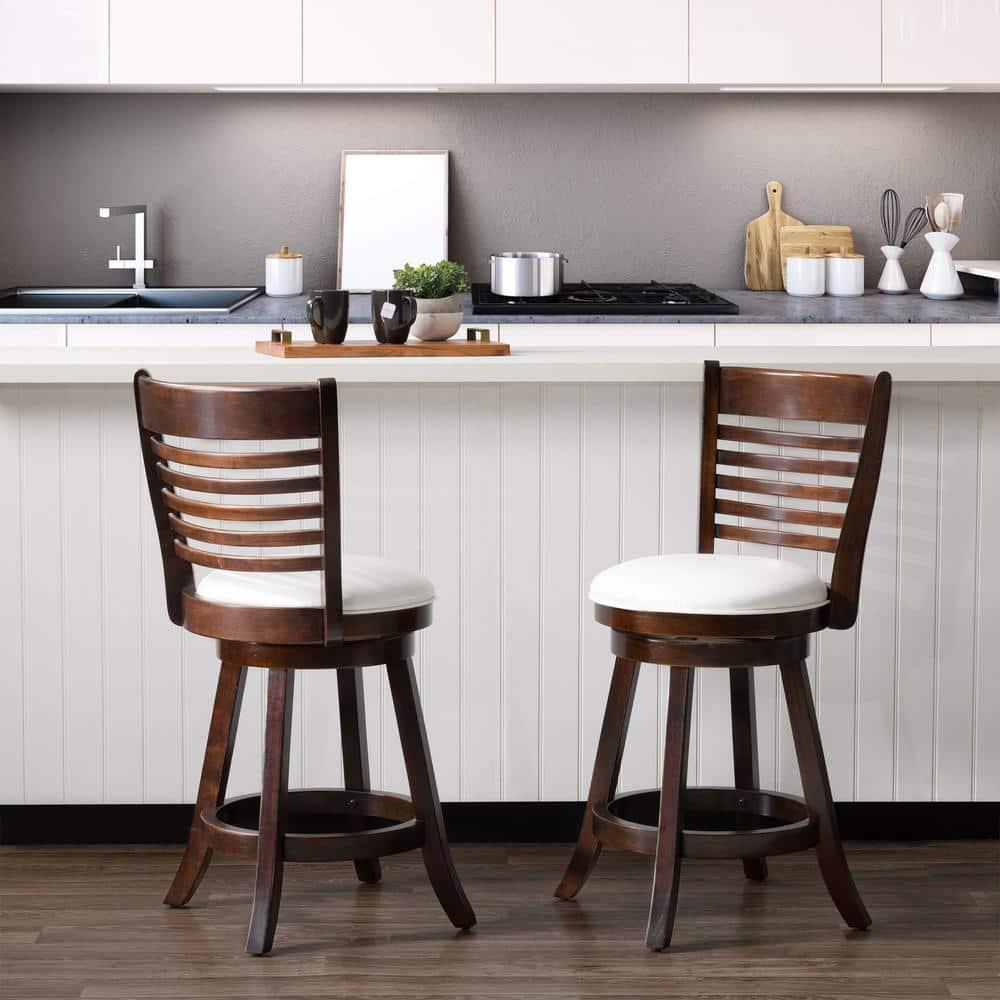 Set of 2 Woodgrove Counter Height Barstools with Slat Backrest Dark Cappuccino White - CorLiving: Faux Leather, Swivels, Rubberwood Legs