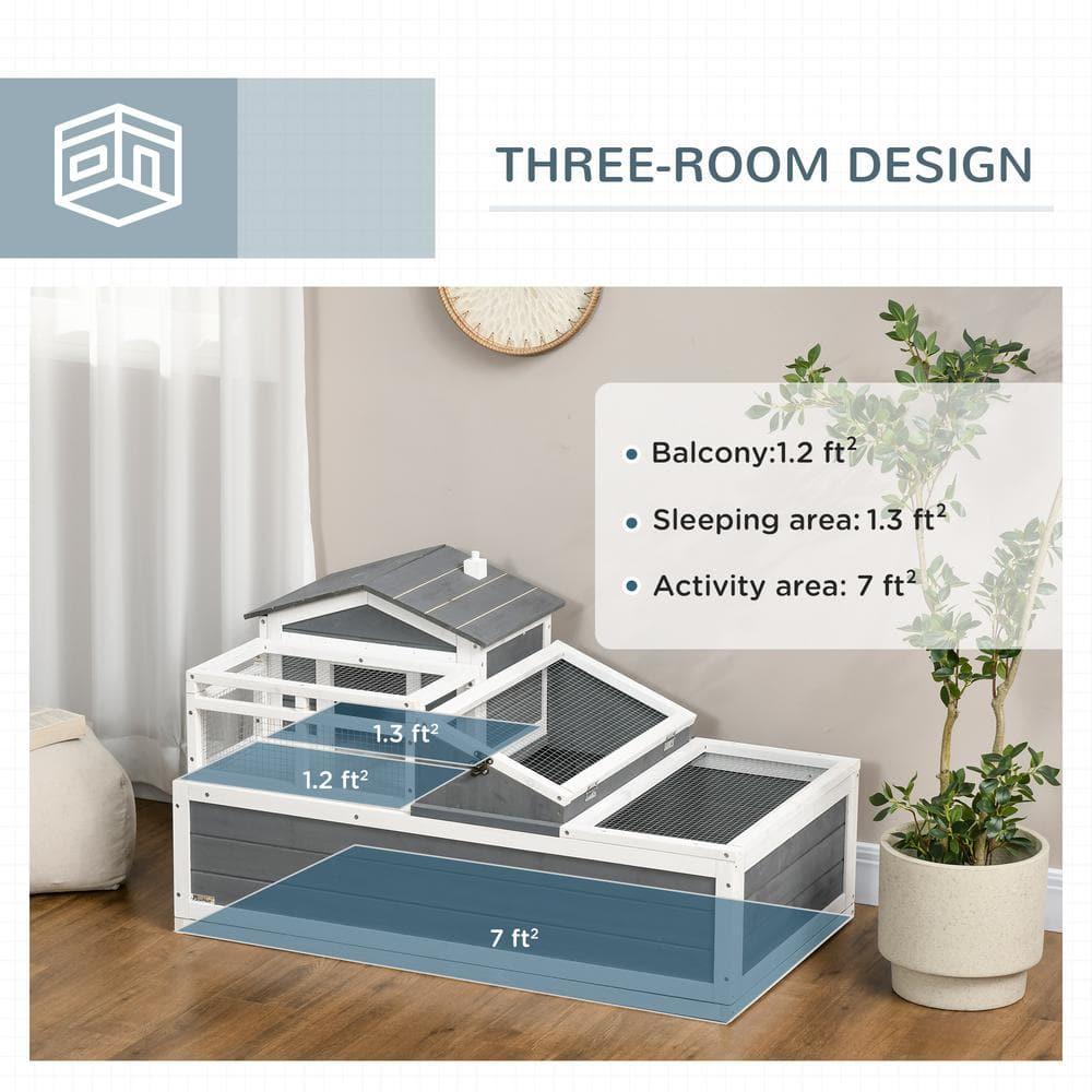 PawHut 3-Room Tortoise Habitat House w/ Balcony & 2 Stories, Wooden Indoor/Outdoor Tortoise Enclosure, Large Reptile Cage, 44" x 25.5" x 25", Gray