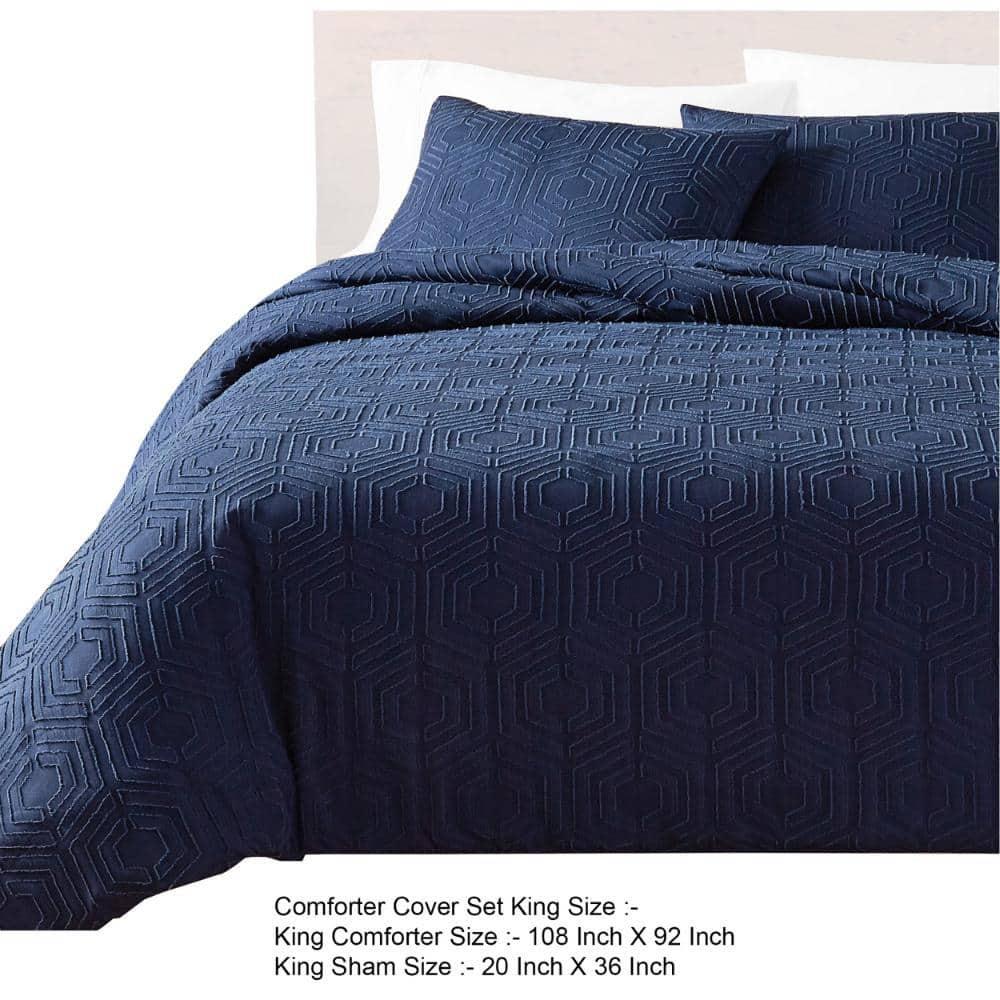 Jose 3 Piece King Size Comforter Set - Matching Shams - Jacquard Navy Blue