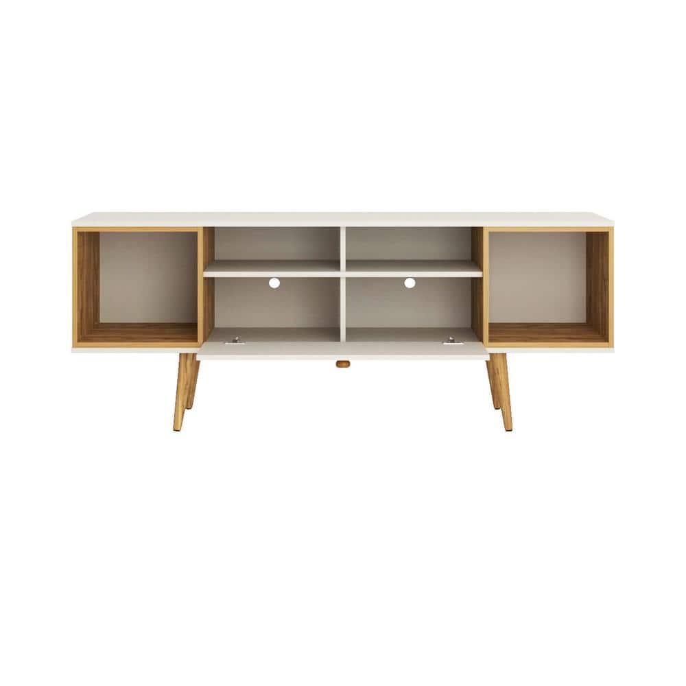Theodore Wood 63" TV Stand with 6 Shelves in Off White & Cinnamon