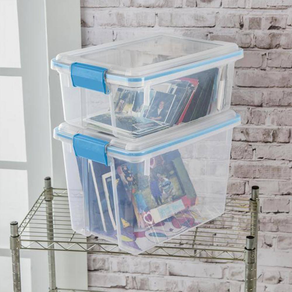 Sterilite 12 Qt Gasket Box, Stackable Storage Bin with Latching Lid and Tight Seal Plastic Container to Organize Basement, Clear Base and Lid, 12-Pack
