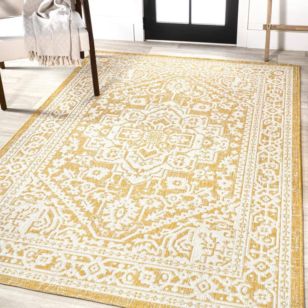 9' x 12' Sinjuri Medallion Textured Weave Indoor/Outdoor Area Rug, Yellow/Cream - JONATHAN Y