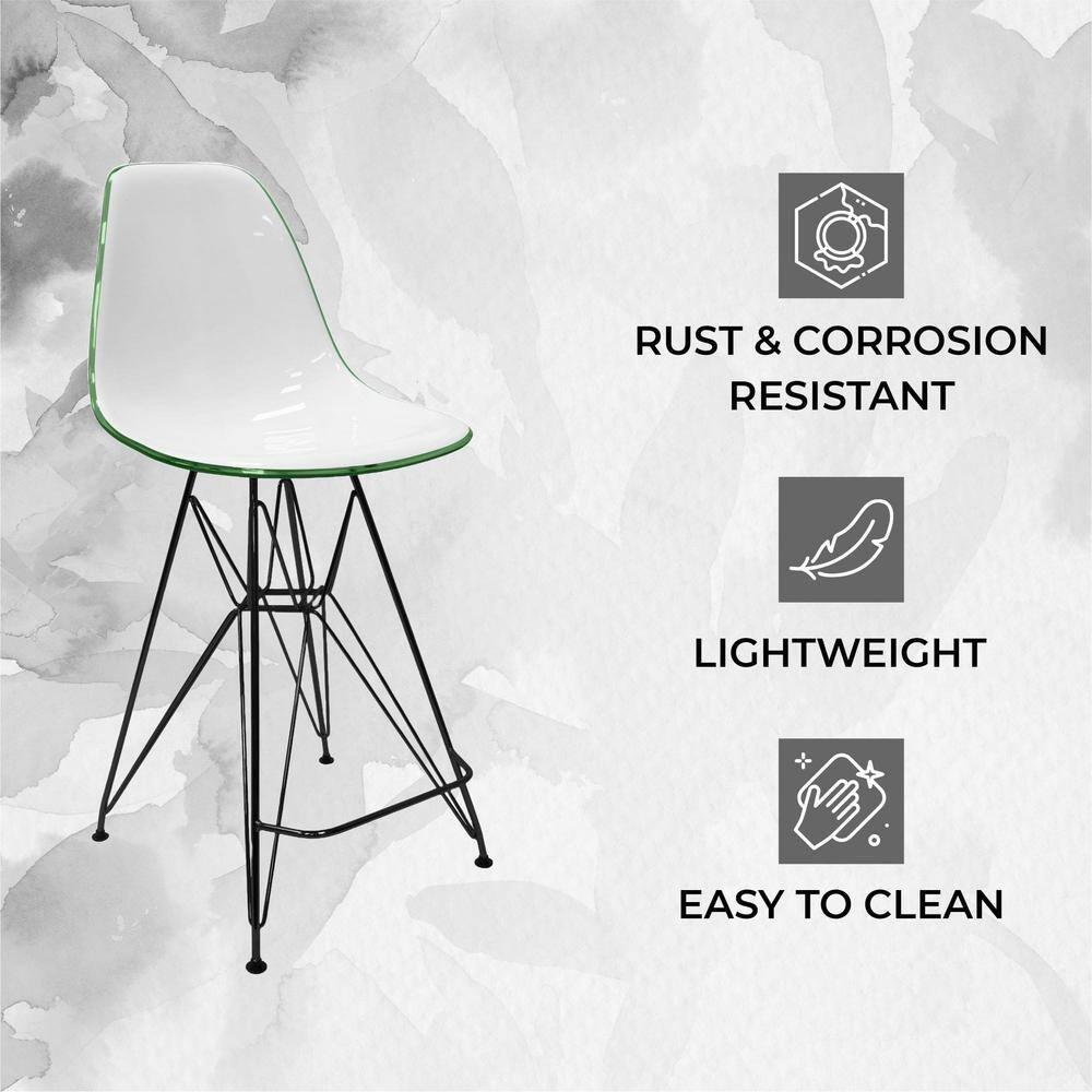 LeisureMod Cresco Mid Century Modern Acrylic Counter Height Barstool with Black Steel Base – Ideal for Kitchens and Dining Rooms, White/Green