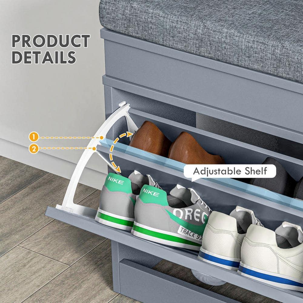 HOMCOM Modern Shoe Rack Bench for Entryway, Storage Organizer with Cushion, 2 Drawers, Adjustable Shelf, Holds 8 Pairs, Gray