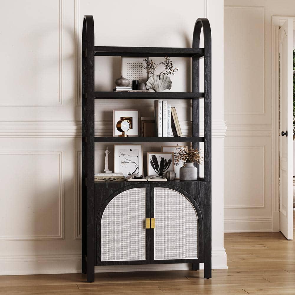 Boho 3-Shelf Bookshelf Cabinet With Rattan Doors