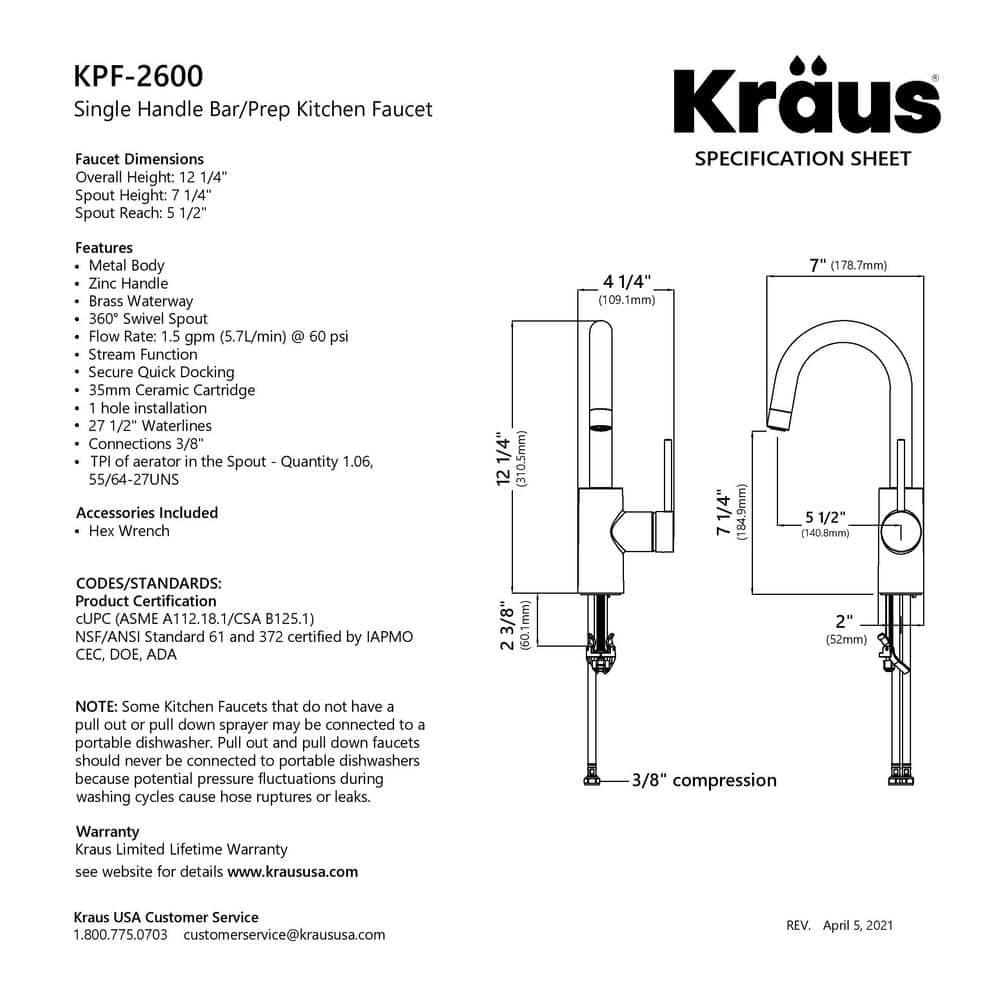 Kraus Oletto™ Single Handle Kitchen Bar Faucet KPF-2600SFACB