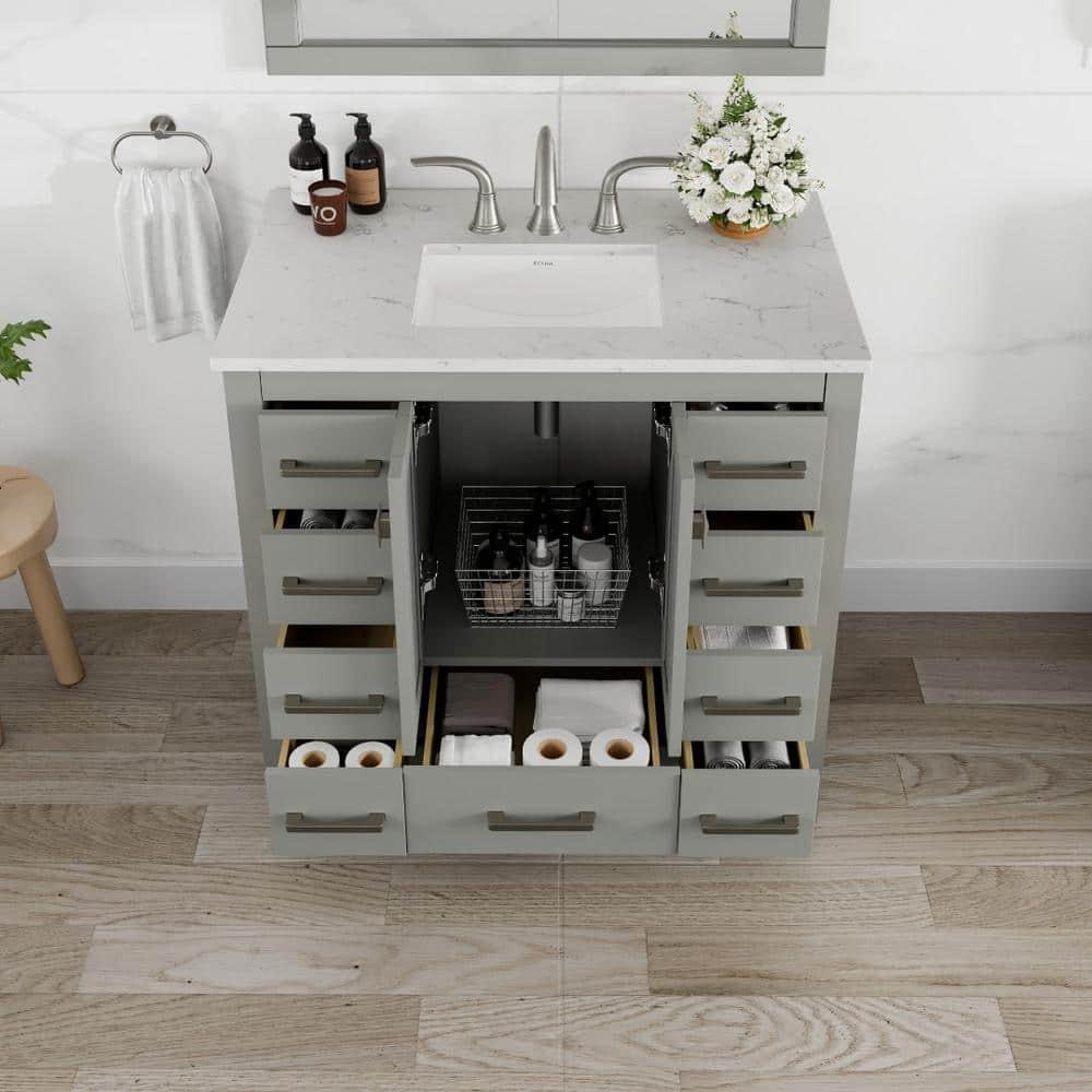 Eviva Hampton 36" Gray Transitional Bathroom Vanity w/ White Carrara Top