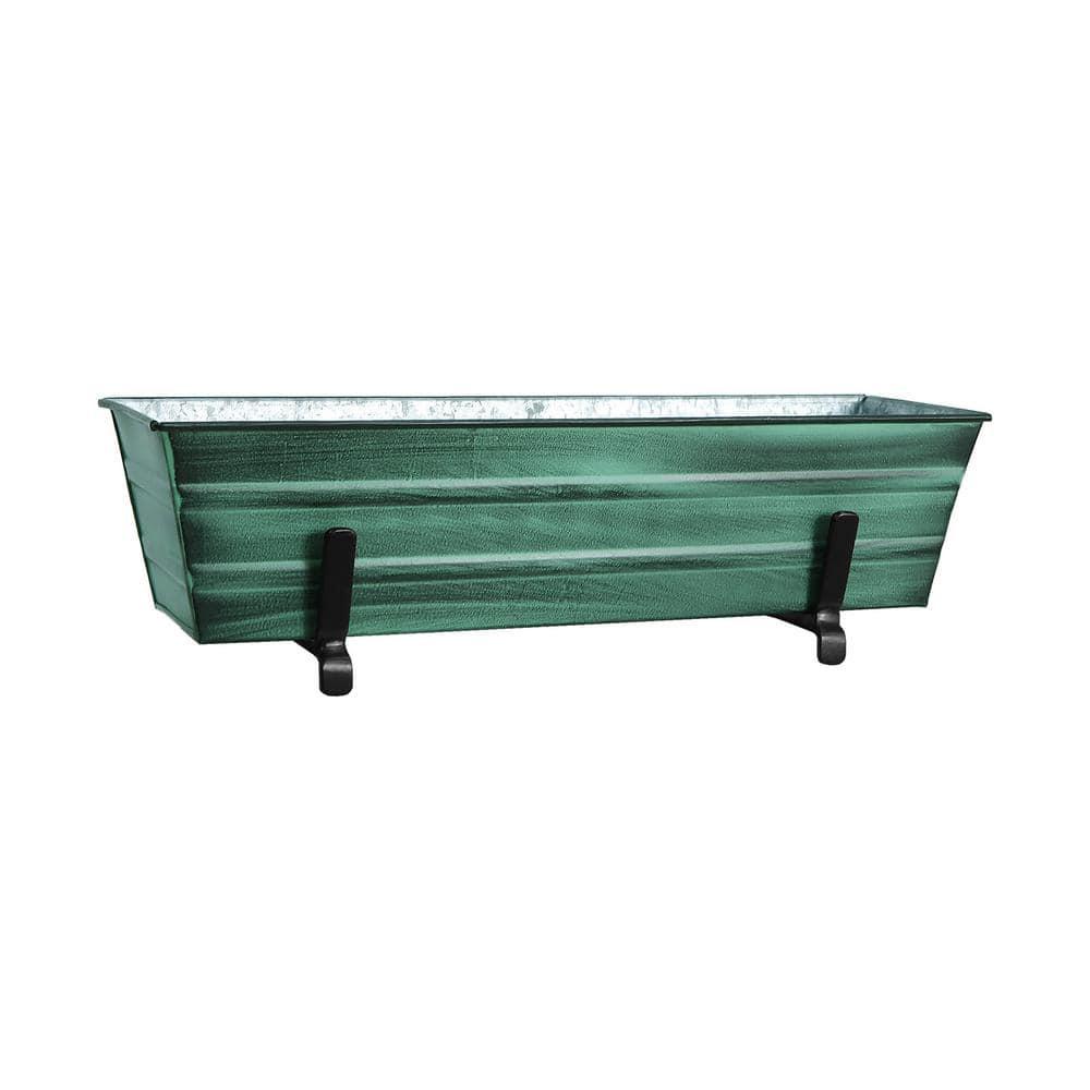 Small Galvanized Metal Rectangular Planter Box with Brackets for 2" x 6" Railings Green Patina - ACHLA Designs: Wrought Iron, Wall-Mount