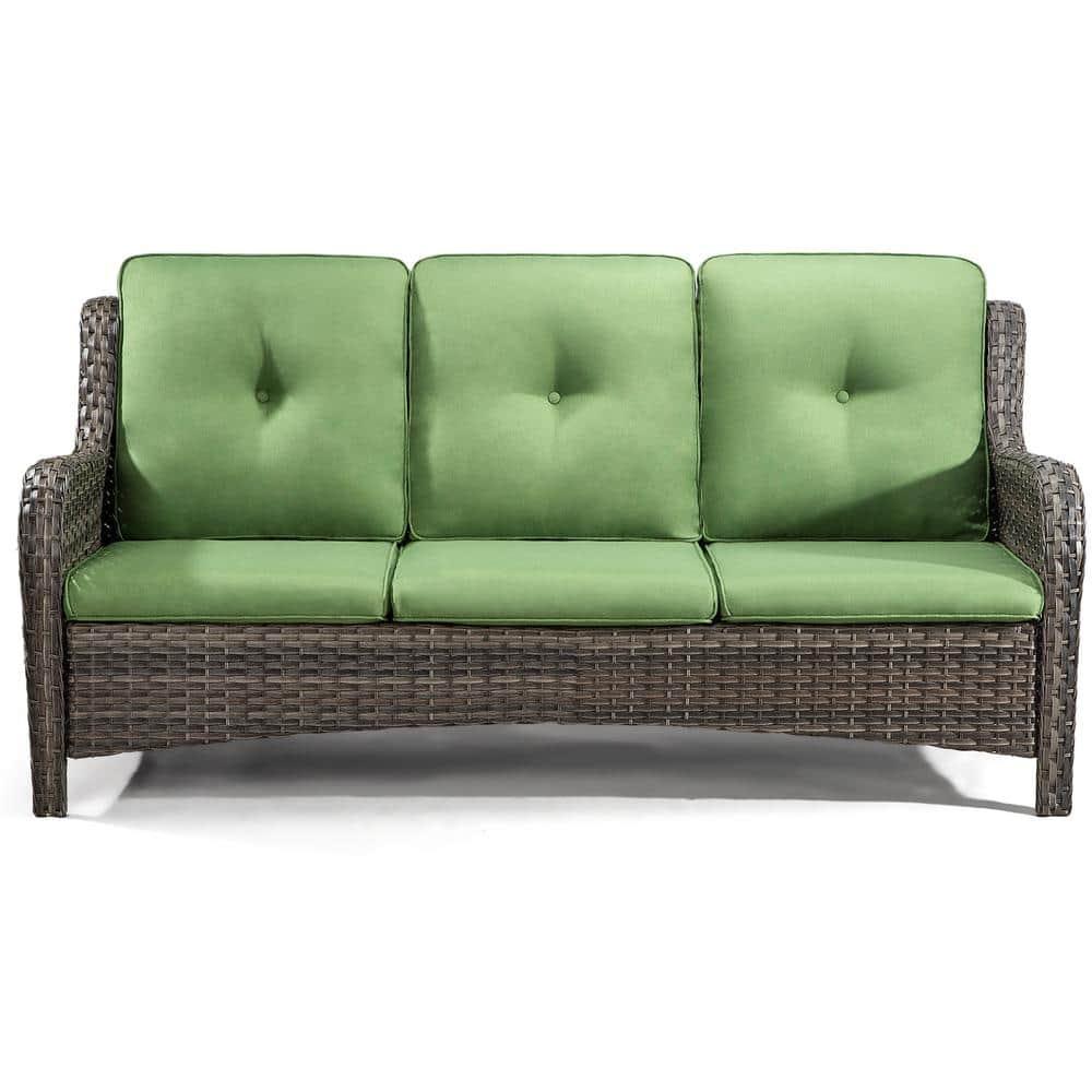 3-Seat Wicker Outdoor Patio Sofa Sectional Couch with Green Cushions