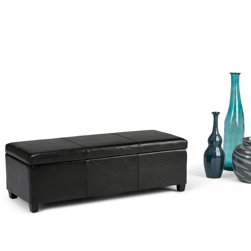 Simpli Home Avalon Storage Ottoman Bench In Midnight Black Vegan Faux Leather