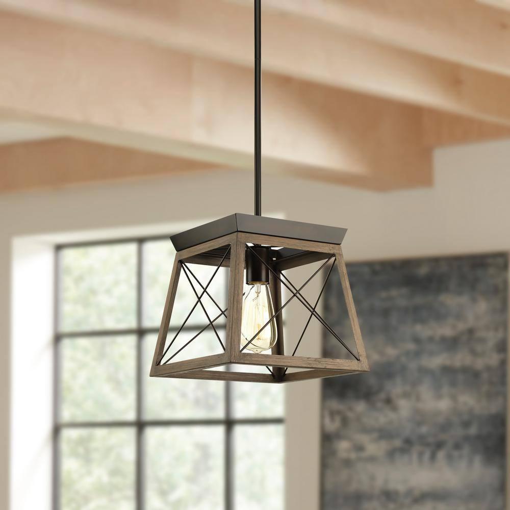 Progress Lighting Briarwood 1-Light Mini-Pendant, Antique Bronze, Steel, Faux-Painted Wood Enclosure