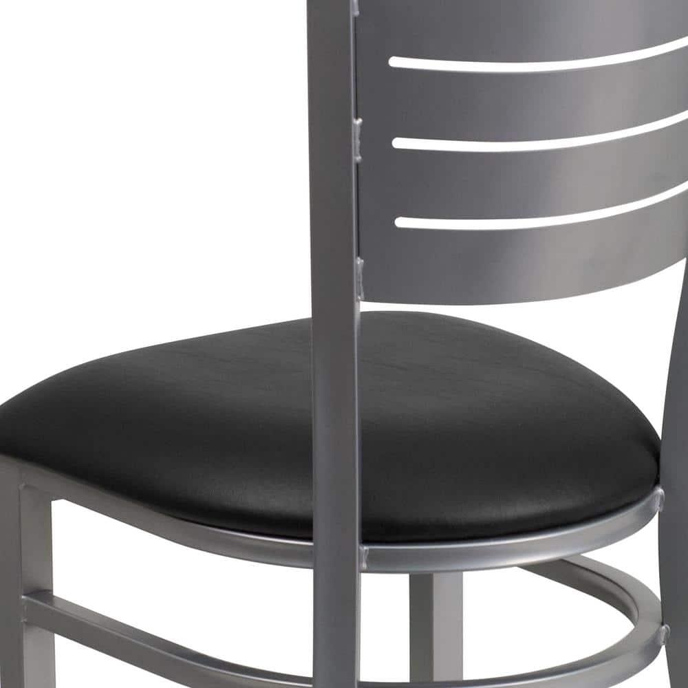 Flash Furniture HERCULES Series Silver Slat Back Metal Restaurant Chair - Black Vinyl Seat