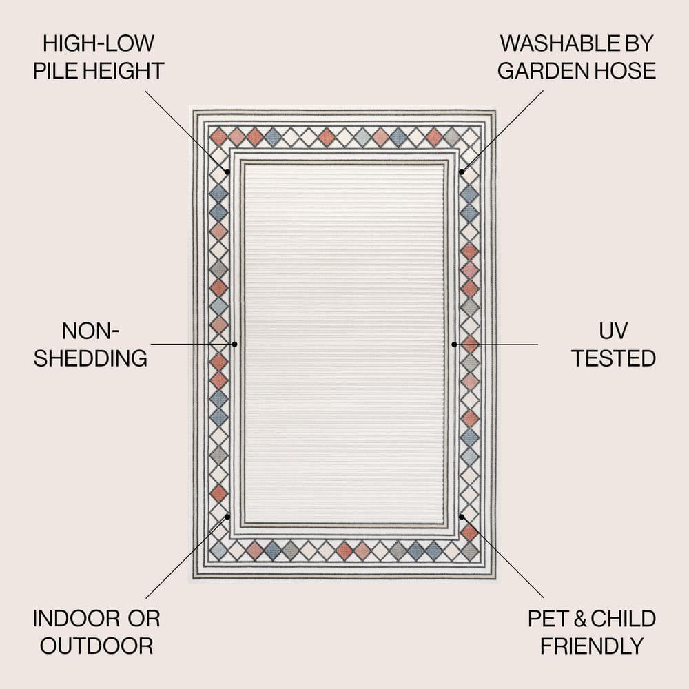 JONATHAN Y Sebastian High-Low Modern Diamond Border Ivory/Beige 3 ft. x 5 ft. Indoor/Outdoor Area Rug