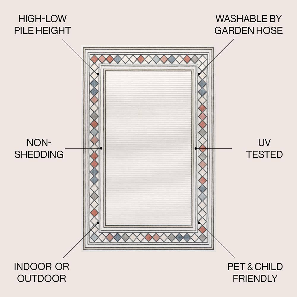 JONATHAN Y Sebastian High-Low Modern Diamond Border Ivory/Beige 4 ft. x 6 ft. Indoor/Outdoor Area Rug