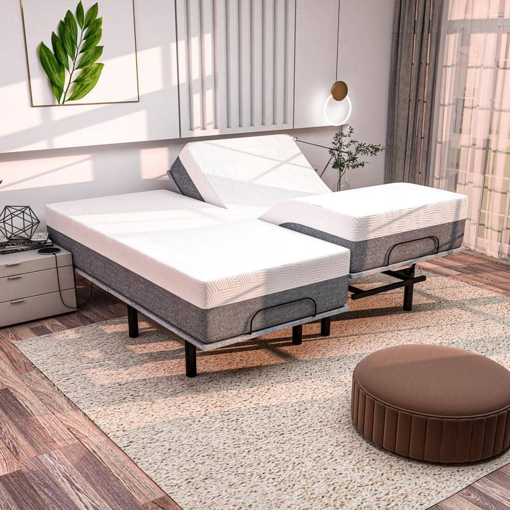 Renanim Serenityflex Adjustable Base & Hybrid Mattress – Split King-Size Adjustable Base with 12 in. Cooling Gel Mattress, Massage, USB Ports, Remote & Under-Bed Light – Reclining Electric Bed Frame